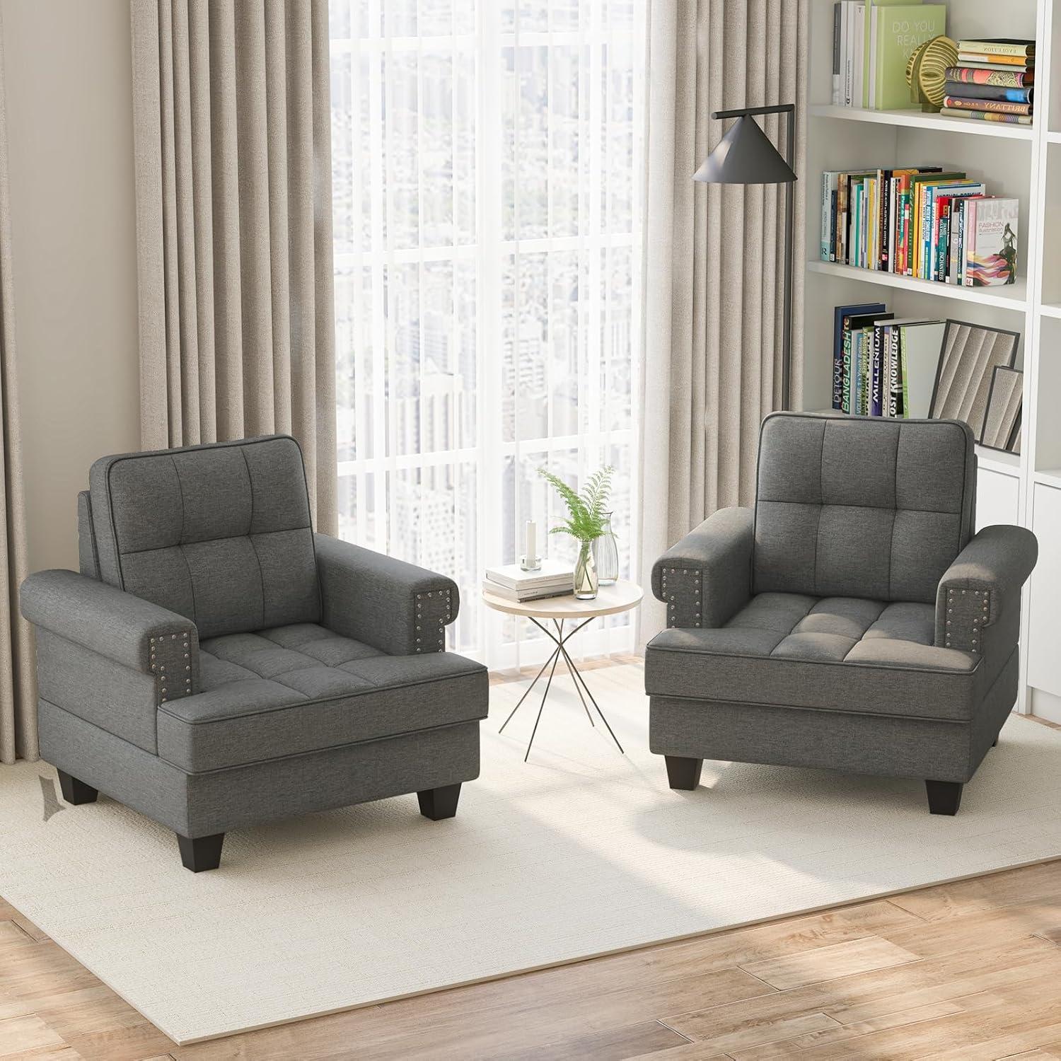 image:imageGiantex Mid Century Modern Accent Chair Tufted Linen Single Sofa Chair with Thick Pillow amp Cushion Solid Rubber Wood Structure Studded Upholstered Reading Arm Chair for Living Room Bedroom GreyGrey