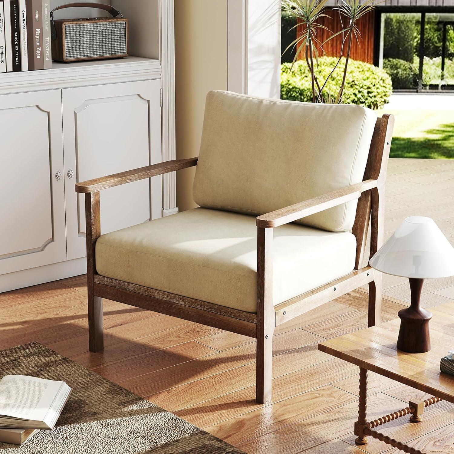 image:imageGiantex Mid Century Modern Accent Chair Wooden Arm Chair wSolid Wood Frame Removable Seat Cushion amp Pillow Vintage Comfy Reading Chair for Living Room Bedroom StudyBeige