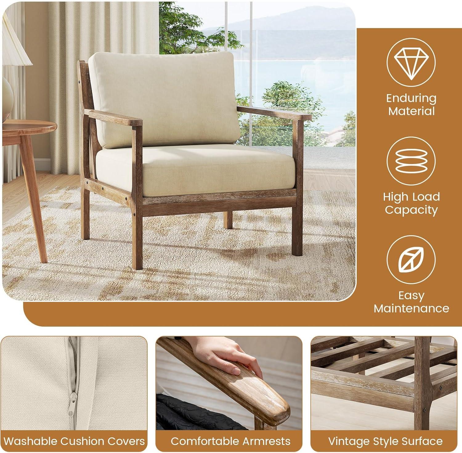 image:imageGiantex Mid Century Modern Accent Chair Wooden Arm Chair wSolid Wood Frame Removable Seat Cushion amp Pillow Vintage Comfy Reading Chair for Living Room Bedroom StudyBeige