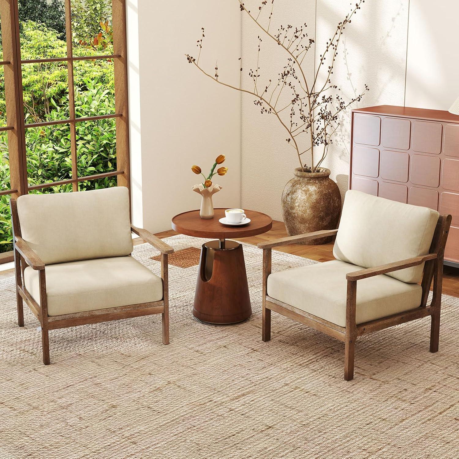 image:imageGiantex Mid Century Modern Accent Chair Wooden Arm Chair wSolid Wood Frame Removable Seat Cushion amp Pillow Vintage Comfy Reading Chair for Living Room Bedroom StudyBeige