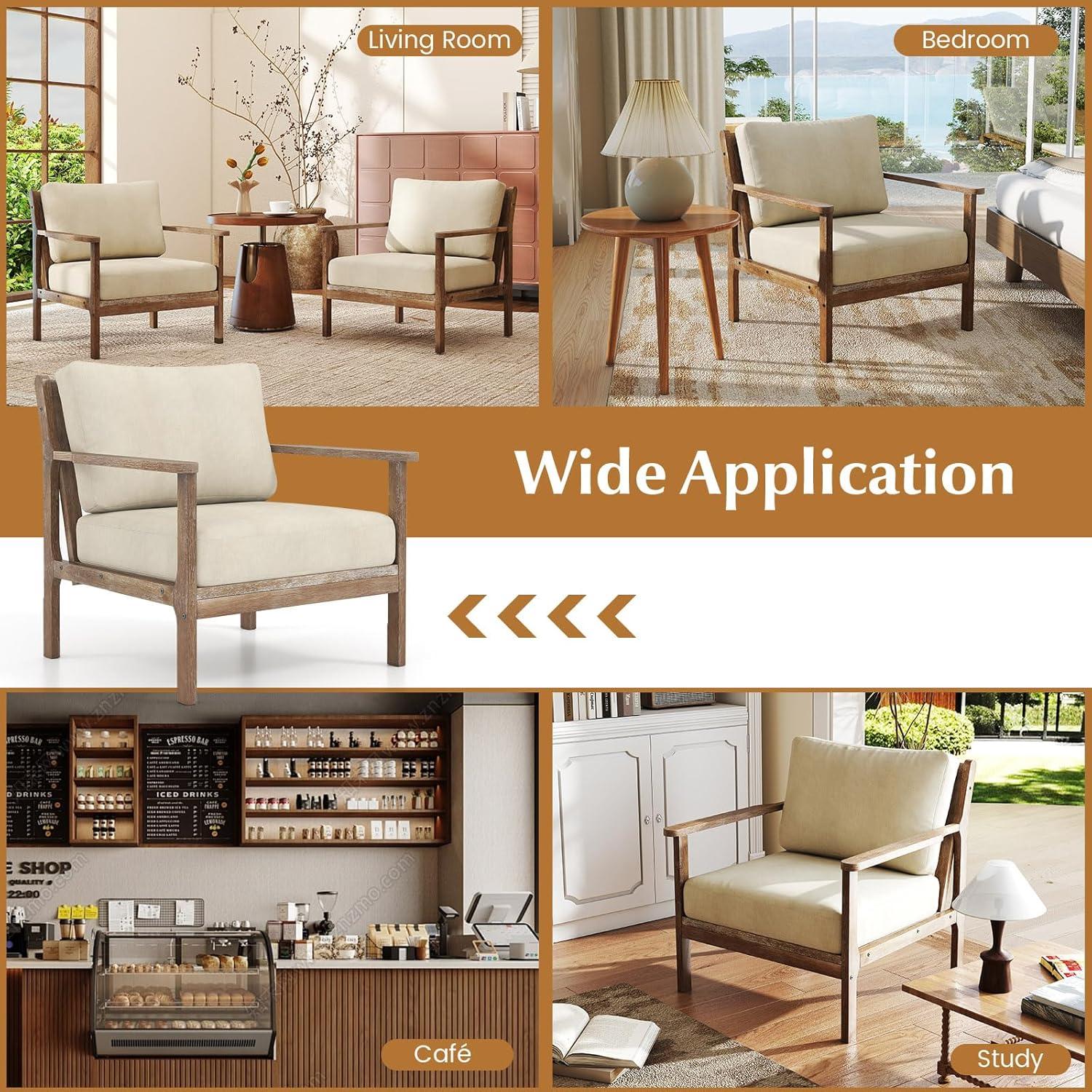 image:imageGiantex Mid Century Modern Accent Chair Wooden Arm Chair wSolid Wood Frame Removable Seat Cushion amp Pillow Vintage Comfy Reading Chair for Living Room Bedroom StudyBeige