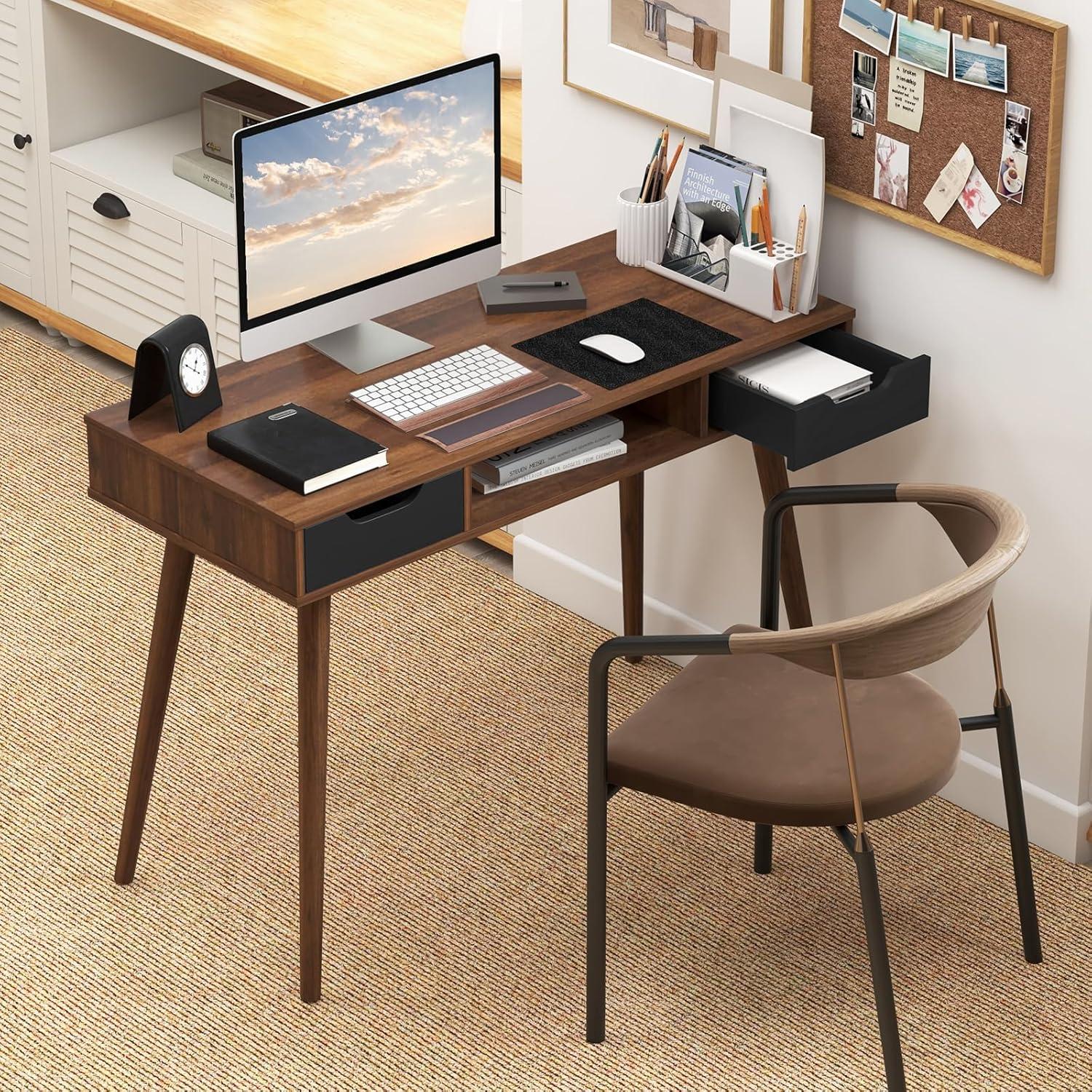 image:imageGiantex Mid Century Modern Desk with Drawers Simple Study Desk with Open Storage Cubby amp Solid Wood Legs Vanity Table Workstation Home Office Writing Computer or Laptop Desk for Bedroom Walnut