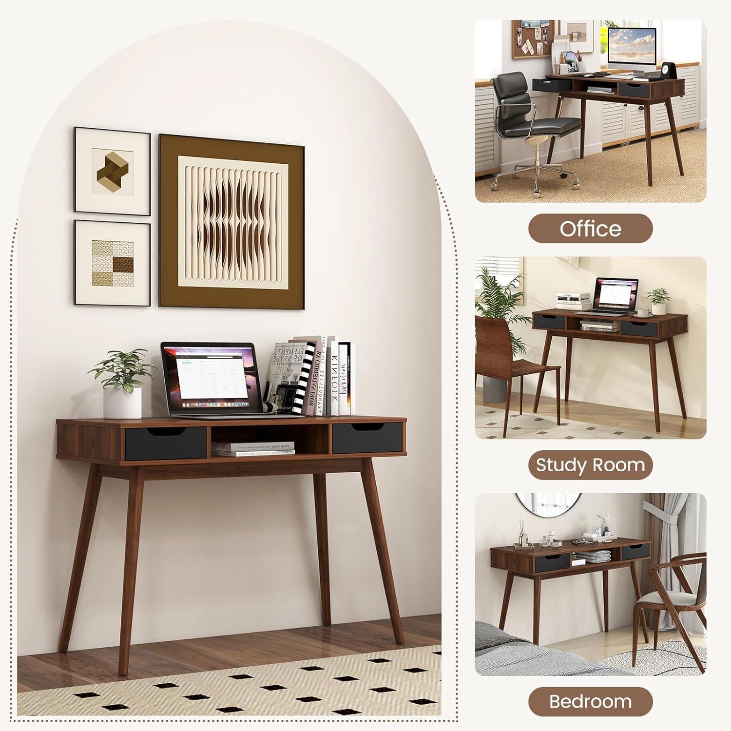 image:imageGiantex Mid Century Modern Desk with Drawers Simple Study Desk with Open Storage Cubby amp Solid Wood Legs Vanity Table Workstation Home Office Writing Computer or Laptop Desk for Bedroom Walnut