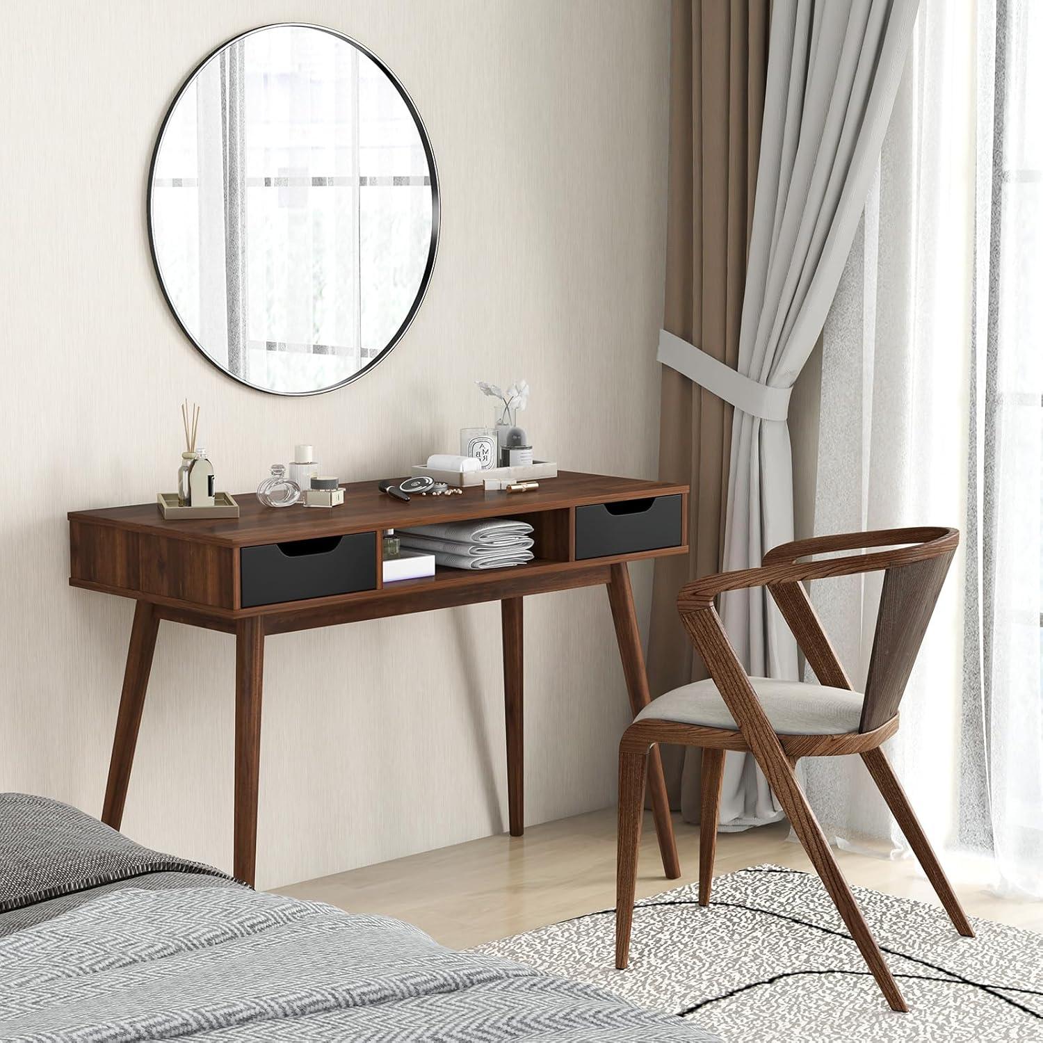 image:imageGiantex Mid Century Modern Desk with Drawers Simple Study Desk with Open Storage Cubby amp Solid Wood Legs Vanity Table Workstation Home Office Writing Computer or Laptop Desk for Bedroom Walnut