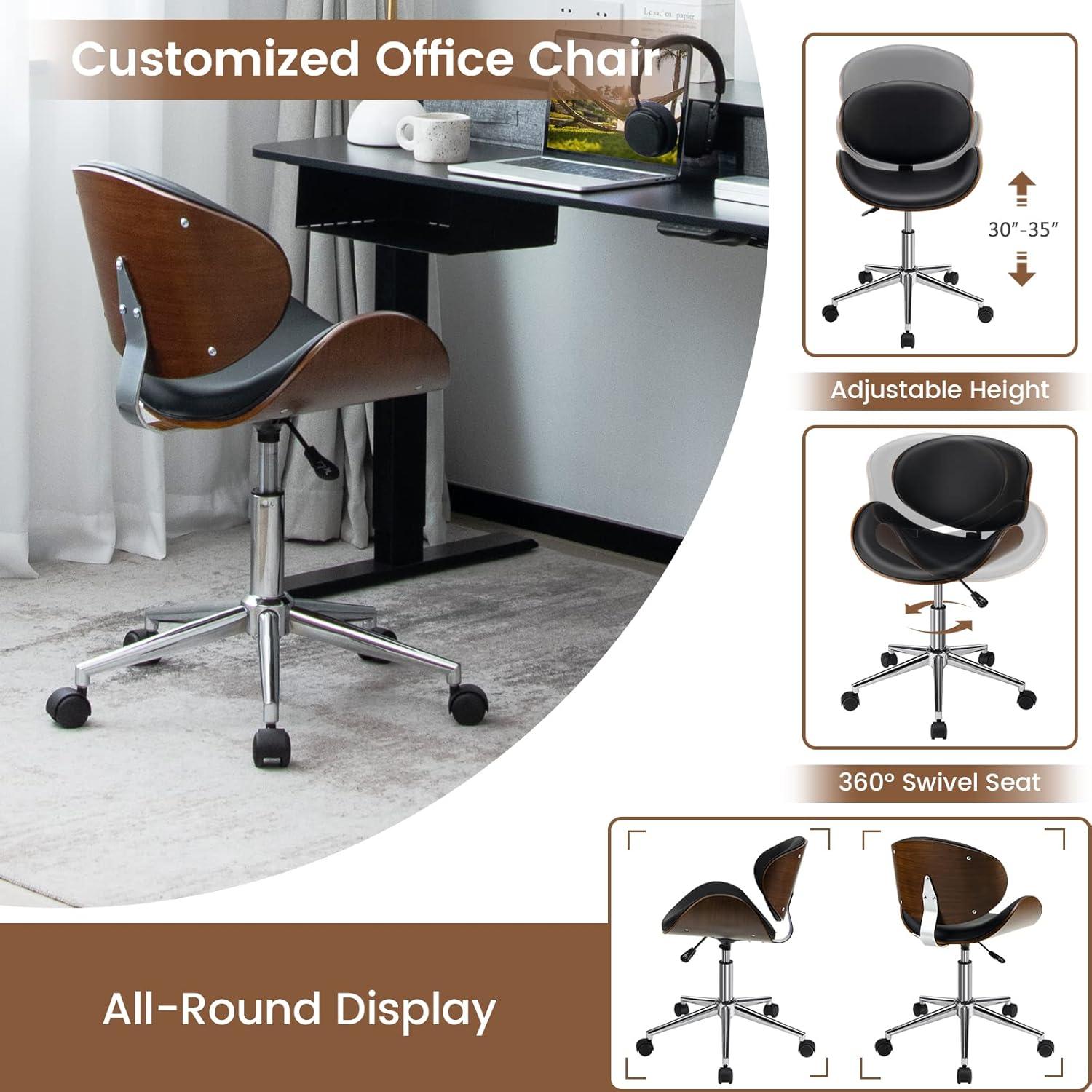 image:imageGiantex MidCentury Home Desk Chair Faux Leather Armless Office Chair wCurved Bentwood Seat amp Height AdjustableErgonomic Modern Rolling Swivel Computer Chair Study Room Office BedroomBlackBlack