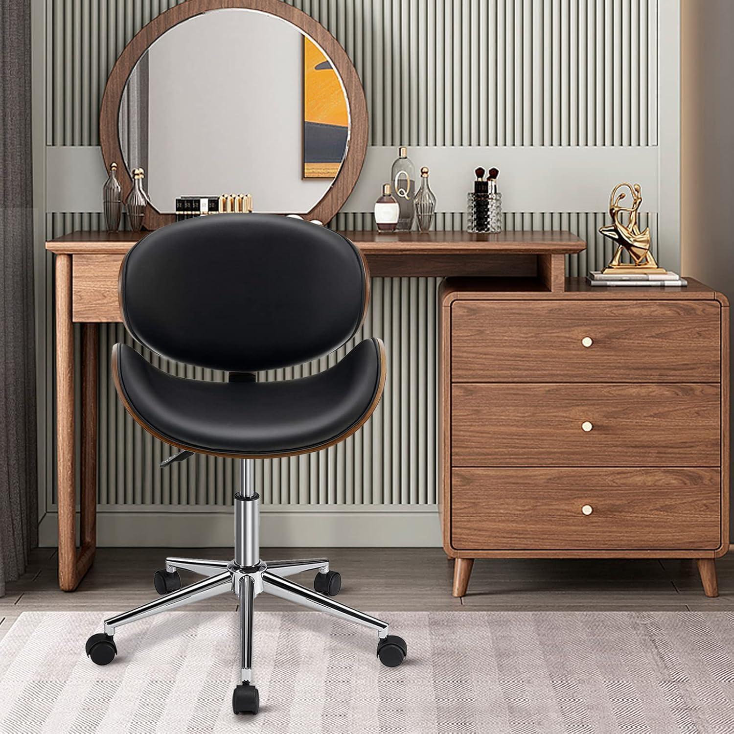 image:imageGiantex MidCentury Home Desk Chair Faux Leather Armless Office Chair wCurved Bentwood Seat amp Height AdjustableErgonomic Modern Rolling Swivel Computer Chair Study Room Office BedroomBlackBlack