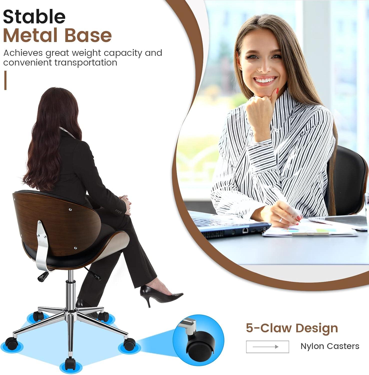 image:imageGiantex MidCentury Home Desk Chair Faux Leather Armless Office Chair wCurved Bentwood Seat amp Height AdjustableErgonomic Modern Rolling Swivel Computer Chair Study Room Office BedroomBlackBlack