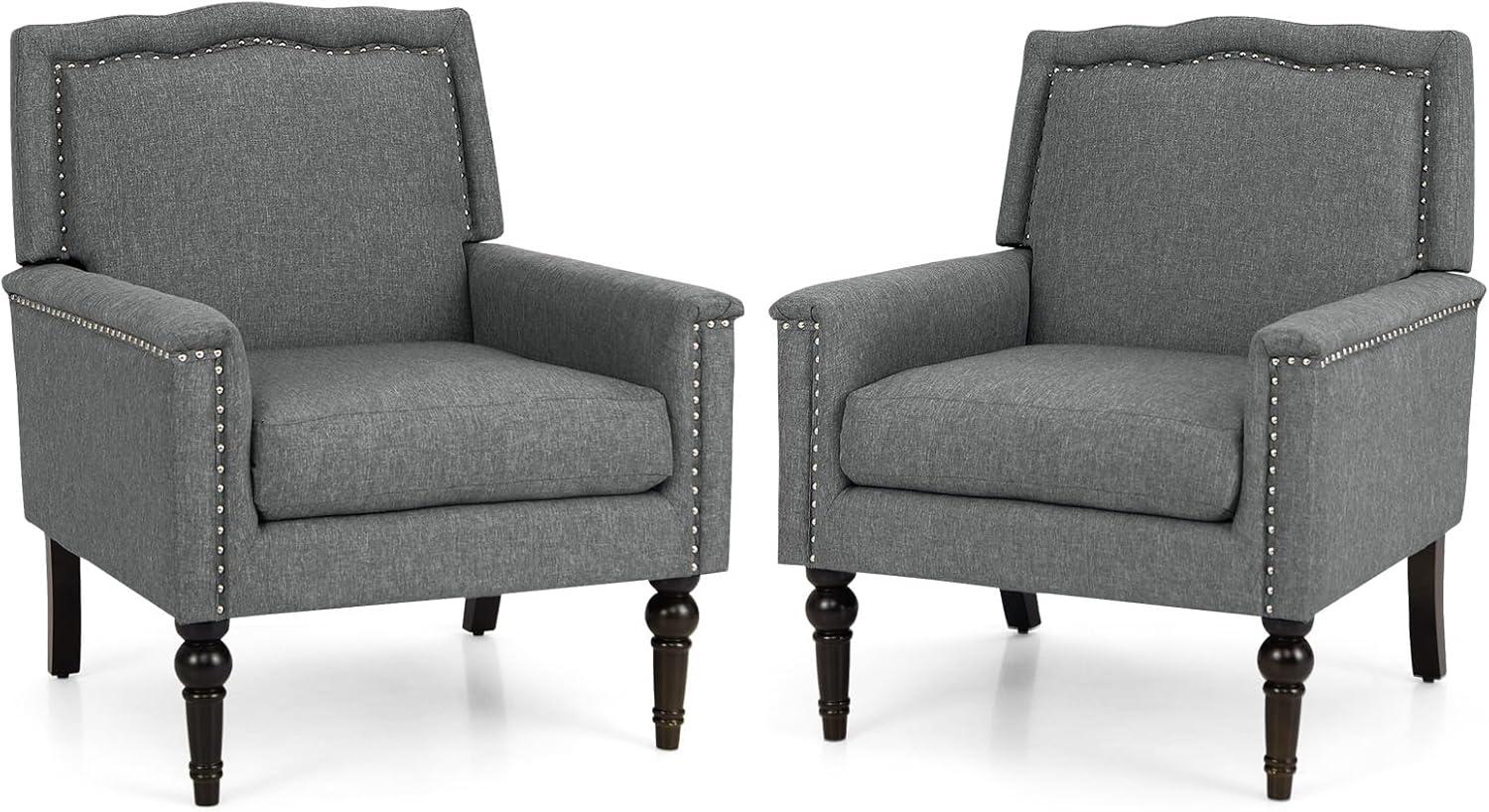 image:imageGiantex MidCentury Modern Accent Chair Grey Linen Fabric Upholstered Armchair wRubber Wood Legs Nailhead Trim Max Load 440 Lbs Comfy Single Sofa Side Chair for Living Room BedroomGrey