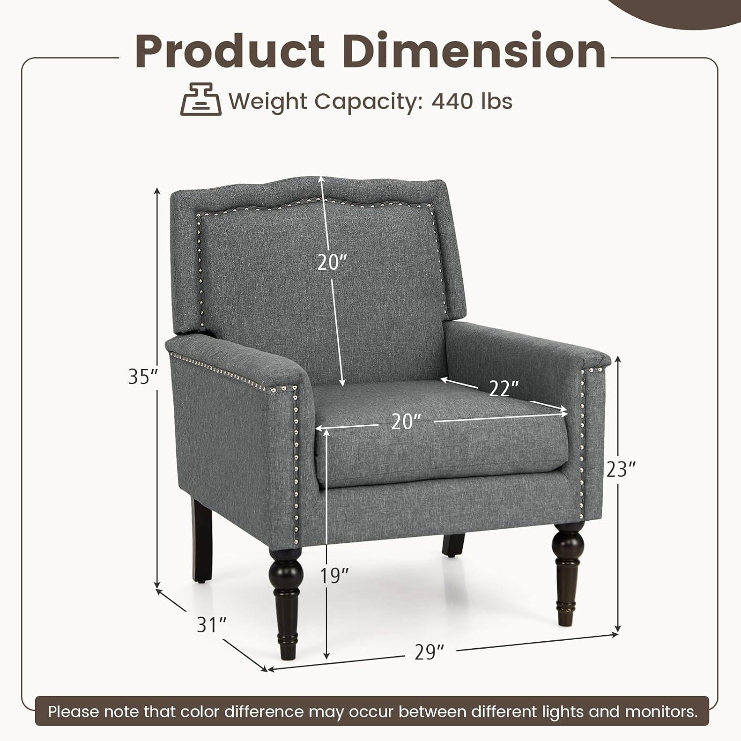 image:imageGiantex MidCentury Modern Accent Chair Grey Linen Fabric Upholstered Armchair wRubber Wood Legs Nailhead Trim Max Load 440 Lbs Comfy Single Sofa Side Chair for Living Room BedroomGrey