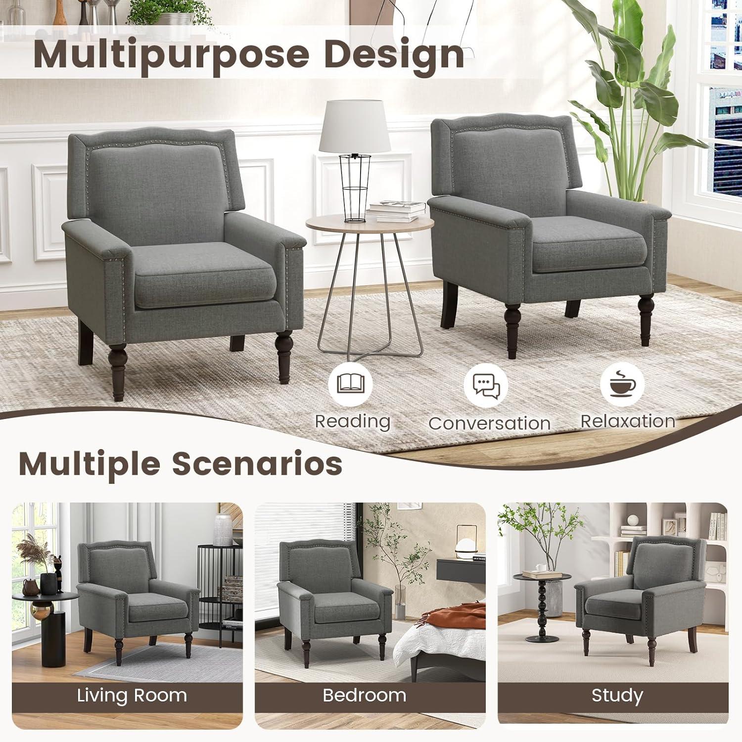 image:imageGiantex MidCentury Modern Accent Chair Grey Linen Fabric Upholstered Armchair wRubber Wood Legs Nailhead Trim Max Load 440 Lbs Comfy Single Sofa Side Chair for Living Room BedroomGrey