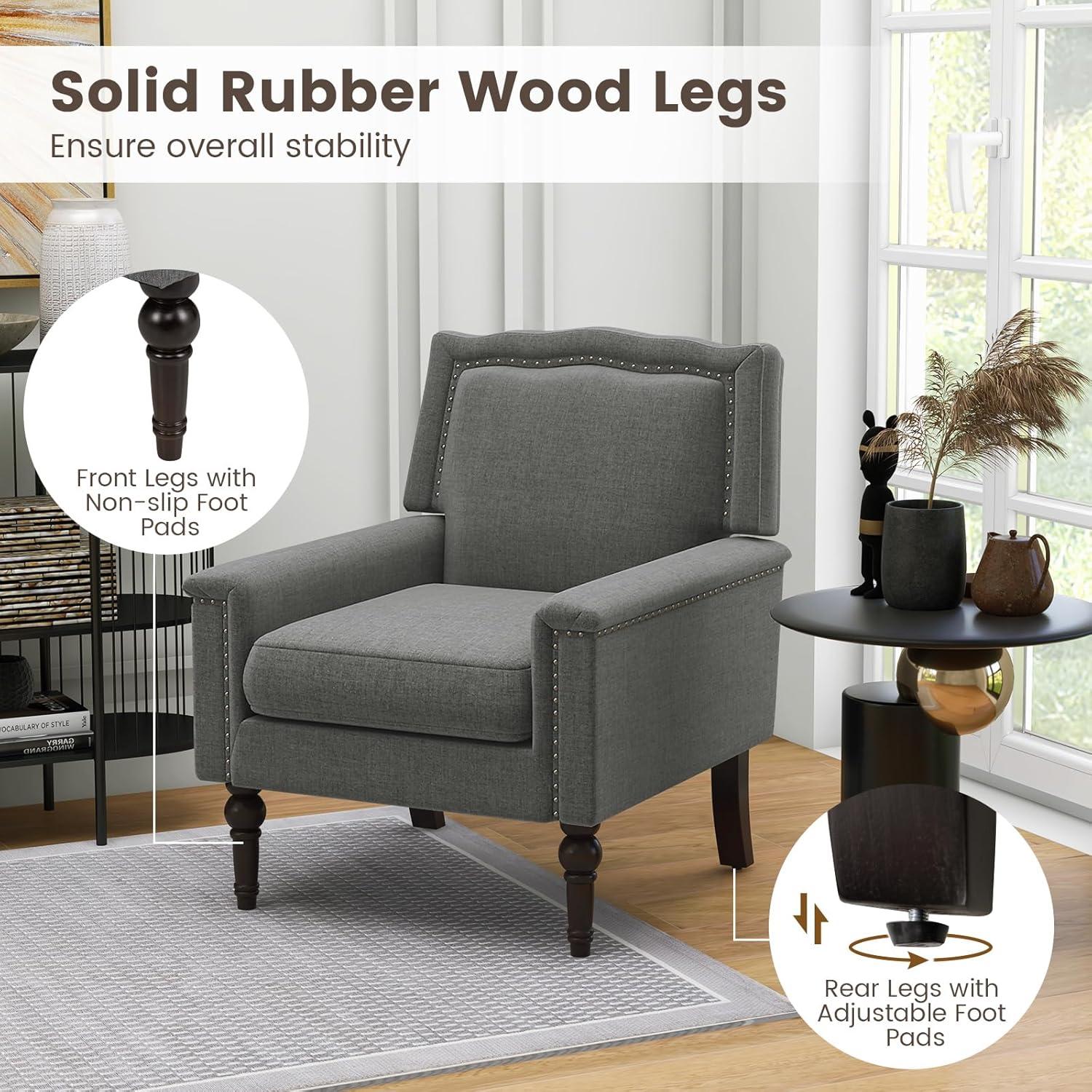 image:imageGiantex MidCentury Modern Accent Chair Grey Linen Fabric Upholstered Armchair wRubber Wood Legs Nailhead Trim Max Load 440 Lbs Comfy Single Sofa Side Chair for Living Room BedroomGrey