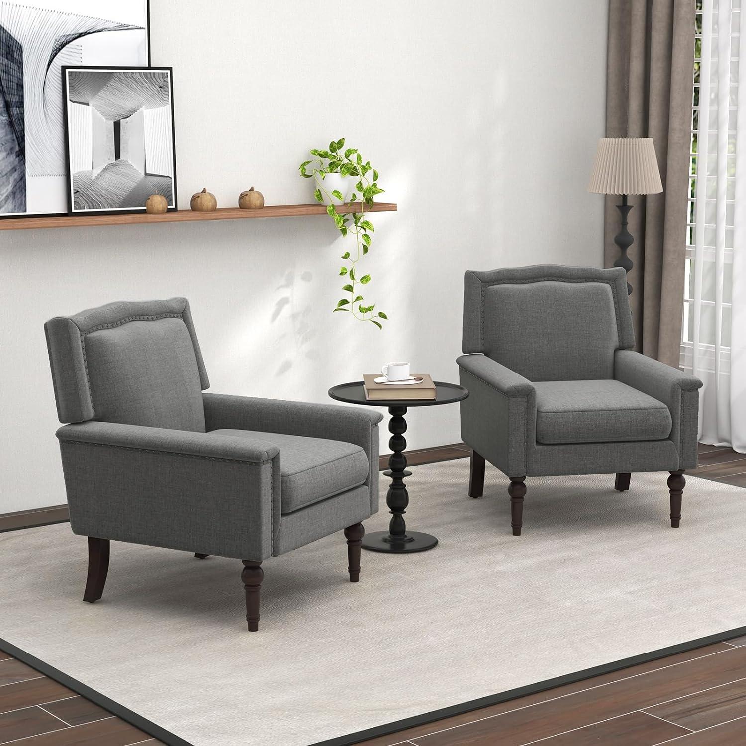 image:imageGiantex MidCentury Modern Accent Chair Grey Linen Fabric Upholstered Armchair wRubber Wood Legs Nailhead Trim Max Load 440 Lbs Comfy Single Sofa Side Chair for Living Room BedroomGrey