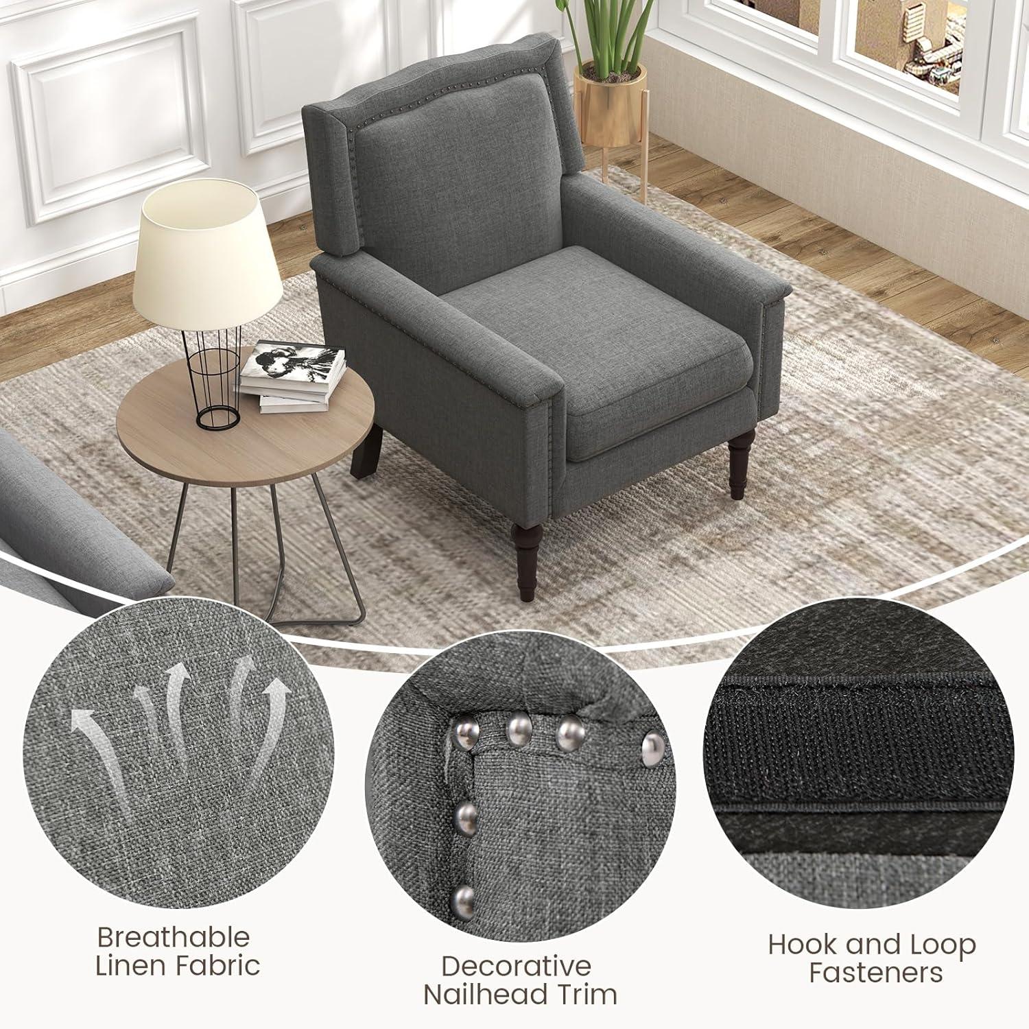 image:imageGiantex MidCentury Modern Accent Chair Grey Linen Fabric Upholstered Armchair wRubber Wood Legs Nailhead Trim Max Load 440 Lbs Comfy Single Sofa Side Chair for Living Room BedroomGrey