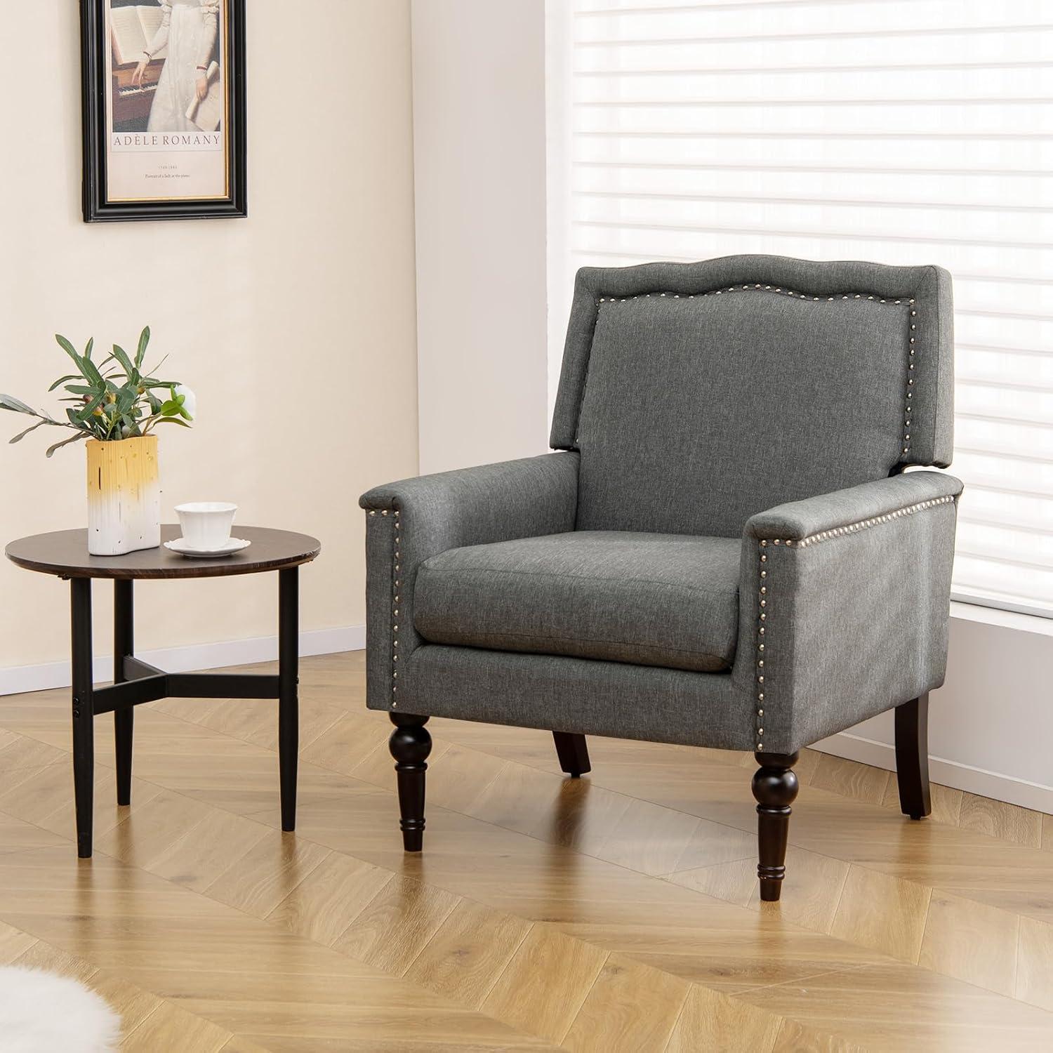image:imageGiantex MidCentury Modern Accent Chair Grey Linen Fabric Upholstered Armchair wRubber Wood Legs Nailhead Trim Max Load 440 Lbs Comfy Single Sofa Side Chair for Living Room BedroomGrey
