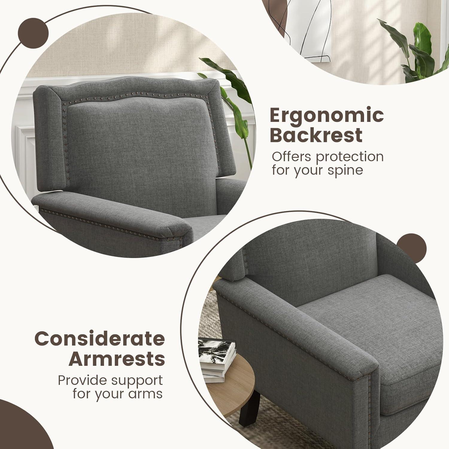 image:imageGiantex MidCentury Modern Accent Chair Grey Linen Fabric Upholstered Armchair wRubber Wood Legs Nailhead Trim Max Load 440 Lbs Comfy Single Sofa Side Chair for Living Room BedroomGrey
