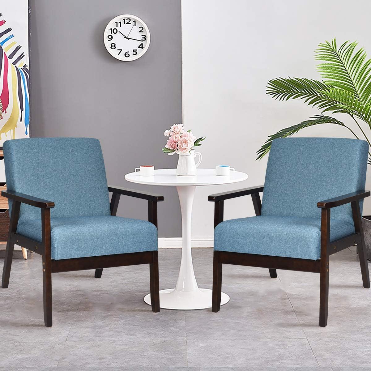 image:imageGiantex MidCentury Modern Accent Chair Retro Fabric Armchair Solid Hardwood Made Upholstered Linen Lounge Arm Chair for Living Room 1 Dark GreyBlue