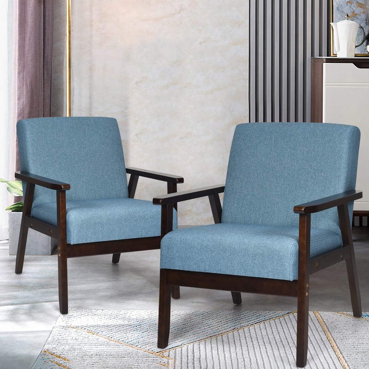 image:imageGiantex MidCentury Modern Accent Chair Retro Fabric Armchair Solid Hardwood Made Upholstered Linen Lounge Arm Chair for Living Room 1 Dark GreyBlue