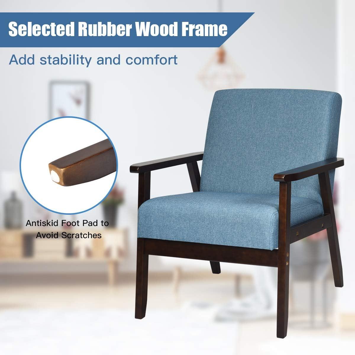 image:imageGiantex MidCentury Modern Accent Chair Retro Fabric Armchair Solid Hardwood Made Upholstered Linen Lounge Arm Chair for Living Room 1 Dark GreyBlue