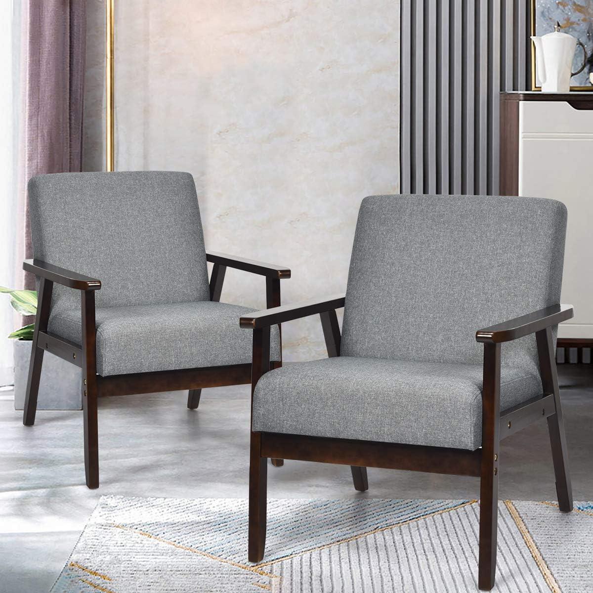 image:imageGiantex MidCentury Modern Accent Chair Retro Fabric Armchair Solid Hardwood Made Upholstered Linen Lounge Arm Chair for Living Room 1 Dark GreyDark Grey