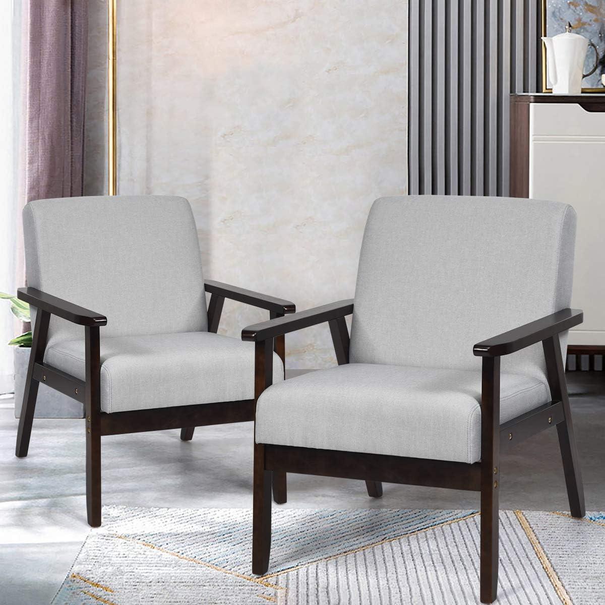 image:imageGiantex MidCentury Modern Accent Chair Retro Fabric Armchair Solid Hardwood Made Upholstered Linen Lounge Arm Chair for Living Room 1 Dark GreyLight Grey