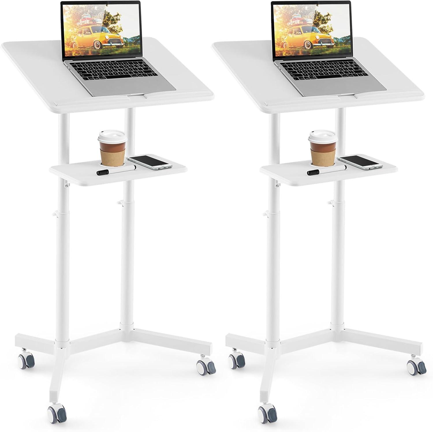 image:imageGiantex Mobile Laptop Podium Height Adjustable Standing Desk with Storage Tray Tilting Desktop Home Office Classroom Pulpit Stand Up Desk Rolling Laptop Cart Lecterns amp Podiums for Church WhiteWhite