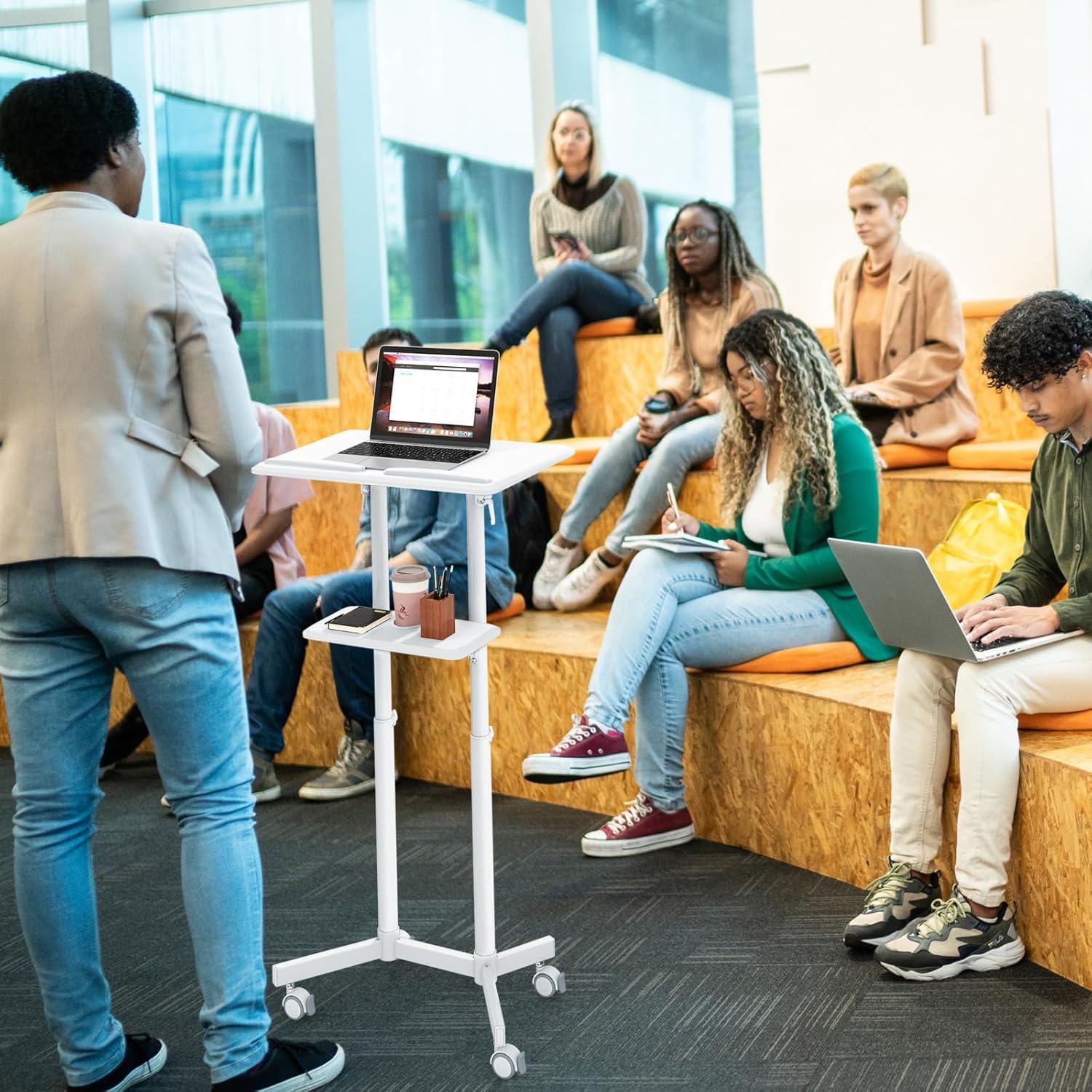 image:imageGiantex Mobile Laptop Podium Height Adjustable Standing Desk with Storage Tray Tilting Desktop Home Office Classroom Pulpit Stand Up Desk Rolling Laptop Cart Lecterns amp Podiums for Church WhiteWhite