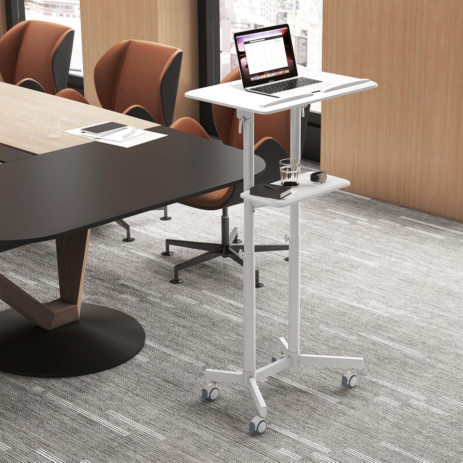 image:imageGiantex Mobile Laptop Podium Height Adjustable Standing Desk with Storage Tray Tilting Desktop Home Office Classroom Pulpit Stand Up Desk Rolling Laptop Cart Lecterns amp Podiums for Church WhiteWhite