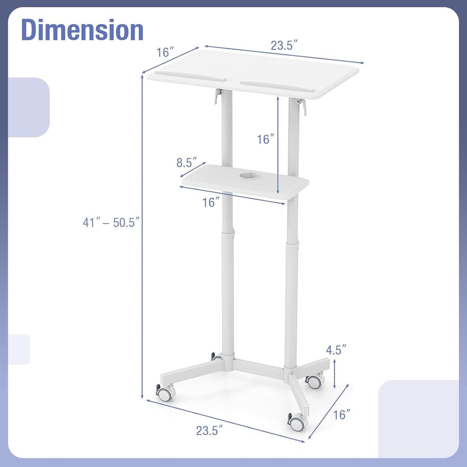 image:imageGiantex Mobile Laptop Podium Height Adjustable Standing Desk with Storage Tray Tilting Desktop Home Office Classroom Pulpit Stand Up Desk Rolling Laptop Cart Lecterns amp Podiums for Church WhiteWhite