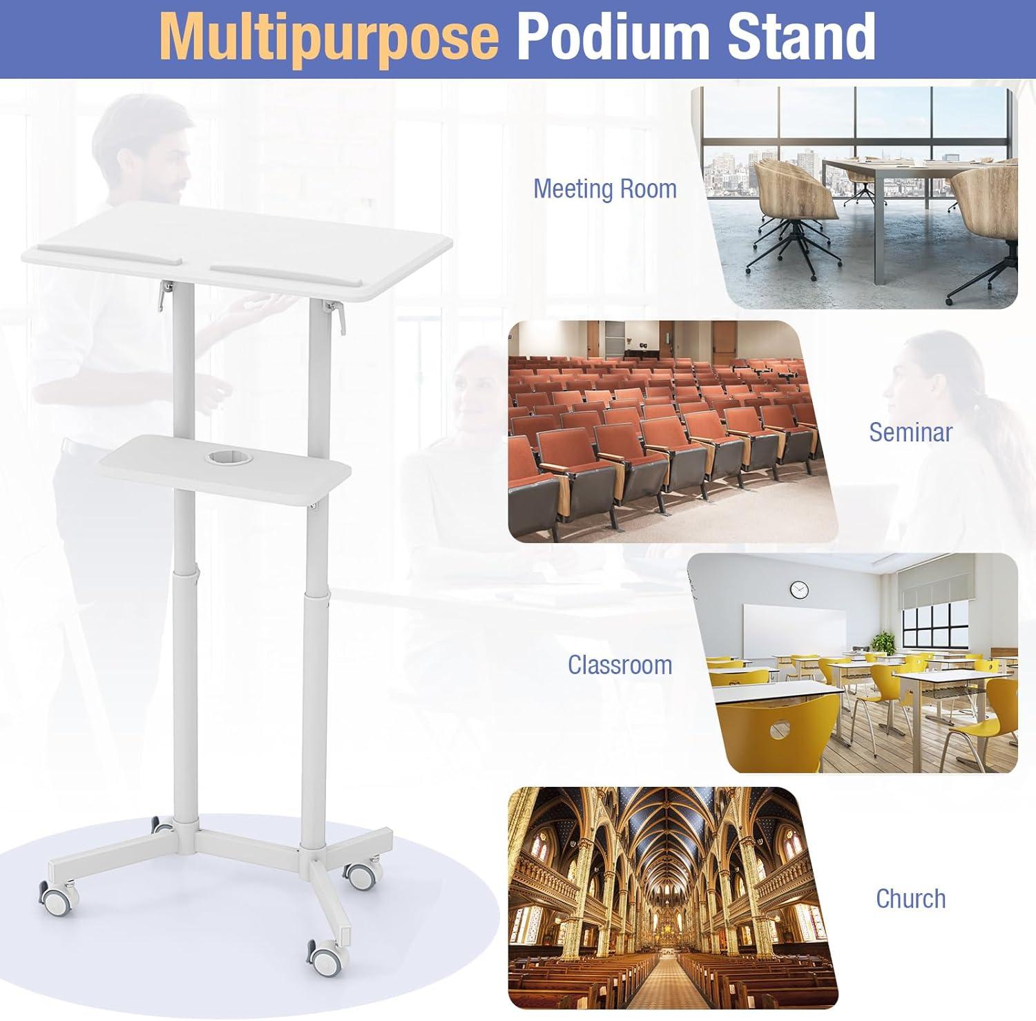 image:imageGiantex Mobile Laptop Podium Height Adjustable Standing Desk with Storage Tray Tilting Desktop Home Office Classroom Pulpit Stand Up Desk Rolling Laptop Cart Lecterns amp Podiums for Church WhiteWhite