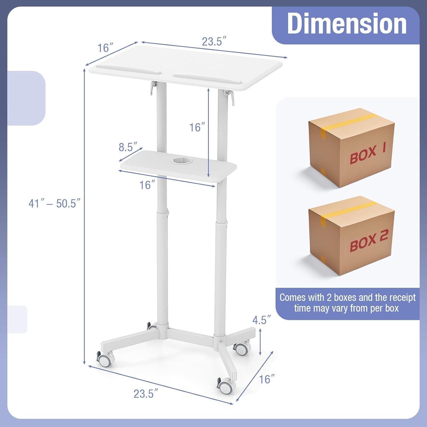 image:imageGiantex Mobile Laptop Podium Height Adjustable Standing Desk with Storage Tray Tilting Desktop Home Office Classroom Pulpit Stand Up Desk Rolling Laptop Cart Lecterns amp Podiums for Church WhiteWhite
