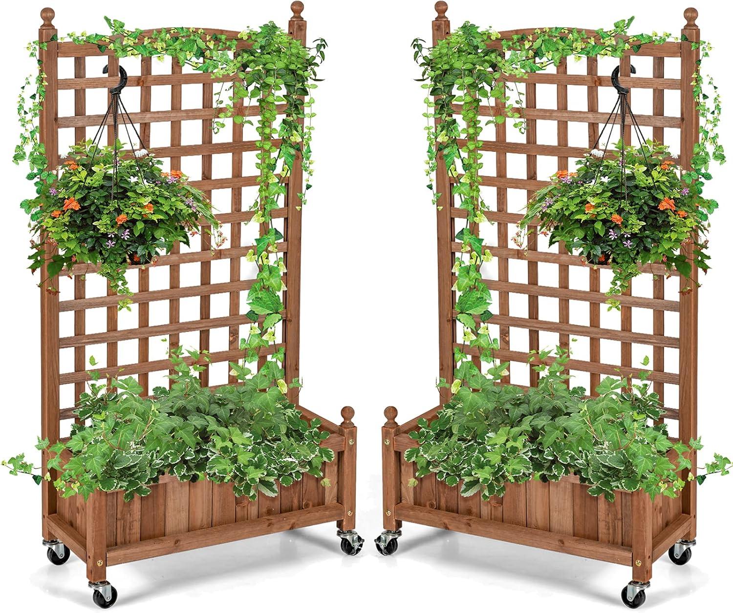 image:imageGiantex Mobile Plant Raised Bed Wood Planter with Lattice Trellis and Wheels Flower Box for Plant Climbing Vertical Garden for Balcony Patio Yard 25x11x 502