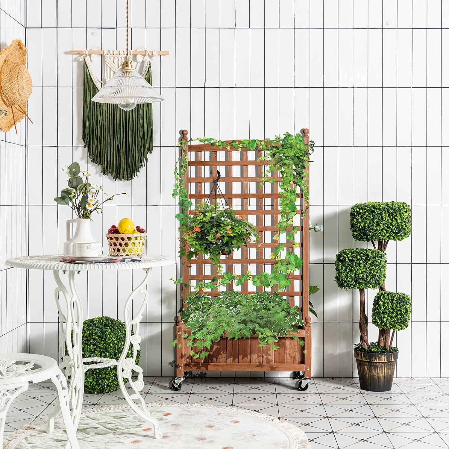 image:imageGiantex Mobile Plant Raised Bed Wood Planter with Lattice Trellis and Wheels Flower Box for Plant Climbing Vertical Garden for Balcony Patio Yard 25x11x 502