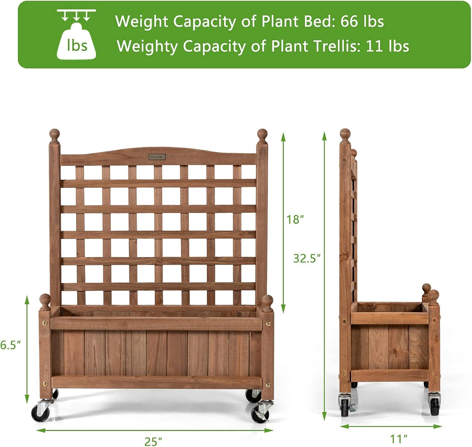 image:imageGiantex Mobile Plant Raised Bed Wood Planter with Lattice Trellis and Wheels Flower Box for Plant Climbing Vertical Garden for Balcony Patio Yard 25x11x 501