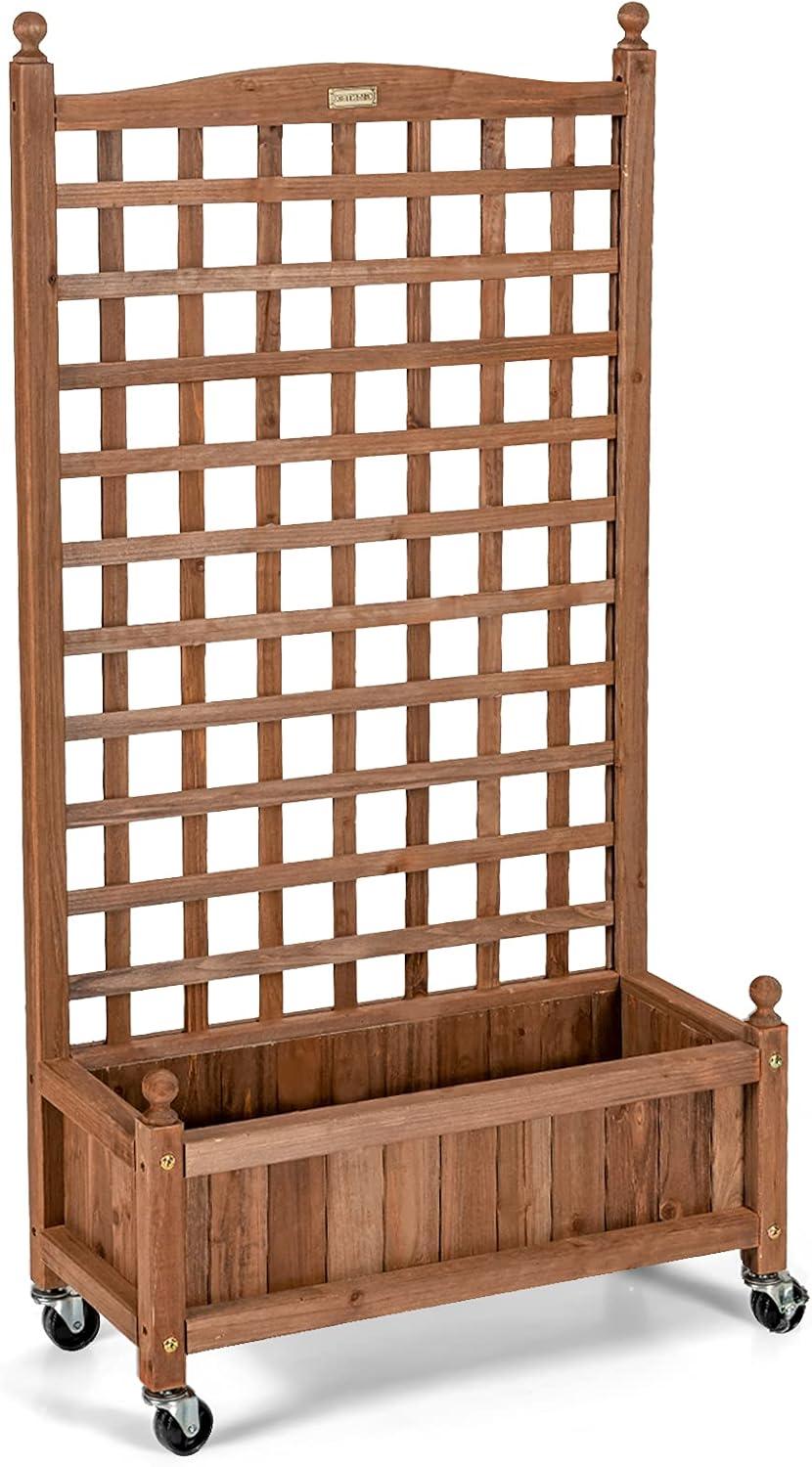 image:imageGiantex Mobile Plant Raised Bed Wood Planter with Lattice Trellis and Wheels Flower Box for Plant Climbing Vertical Garden for Balcony Patio Yard 25x11x 501
