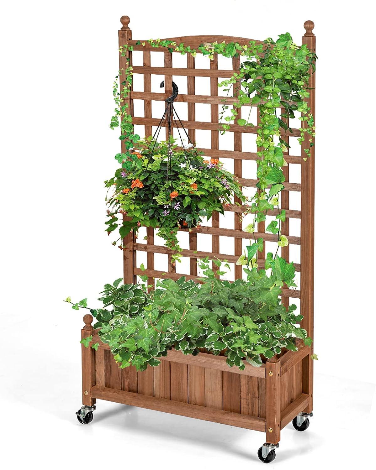 image:imageGiantex Mobile Plant Raised Bed Wood Planter with Lattice Trellis and Wheels Flower Box for Plant Climbing Vertical Garden for Balcony Patio Yard 25x11x 501