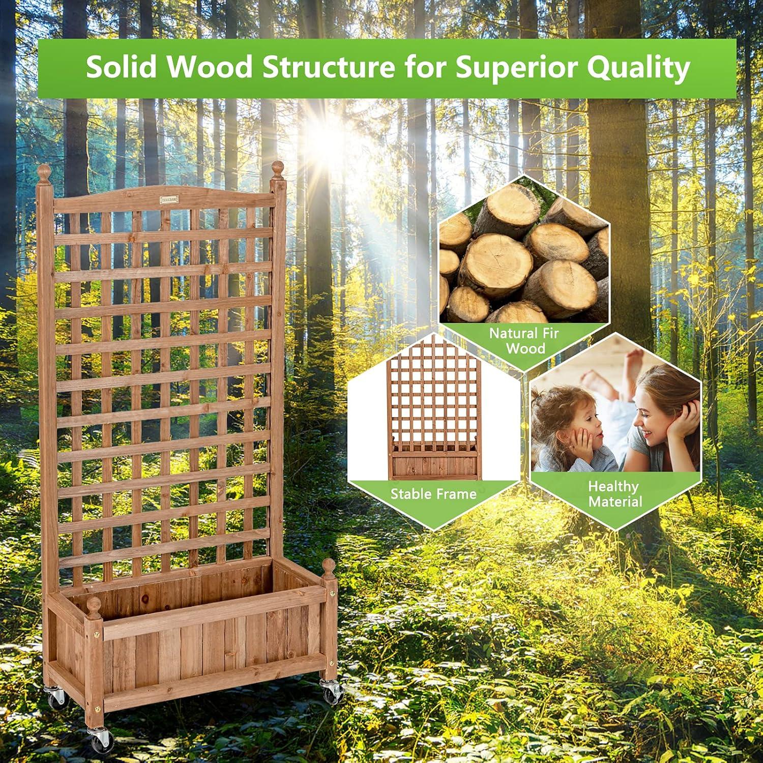 image:imageGiantex Mobile Plant Raised Bed Wood Planter with Lattice Trellis and Wheels Flower Box for Plant Climbing Vertical Garden for Balcony Patio Yard 25x11x 502
