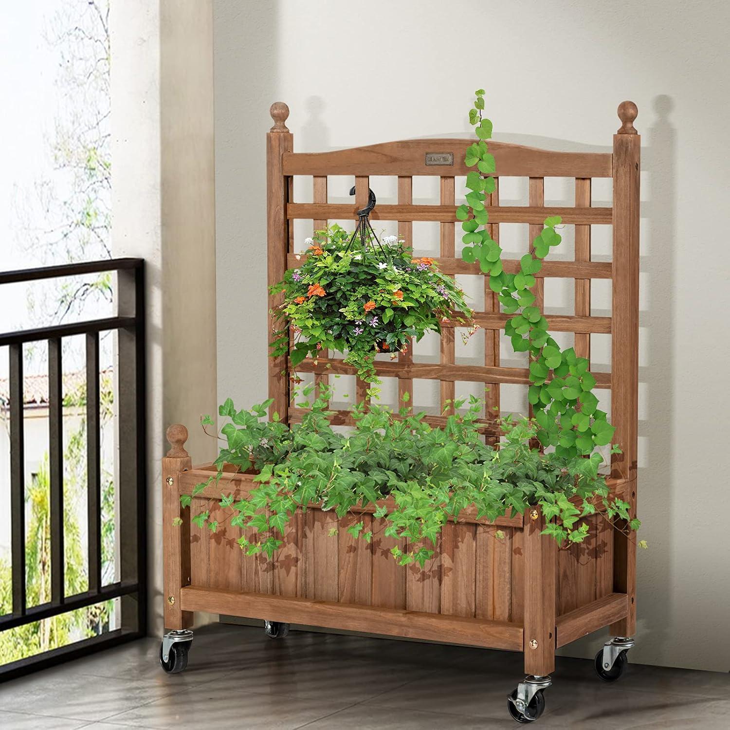 image:imageGiantex Mobile Plant Raised Bed Wood Planter with Lattice Trellis and Wheels Flower Box for Plant Climbing Vertical Garden for Balcony Patio Yard 25x11x 501