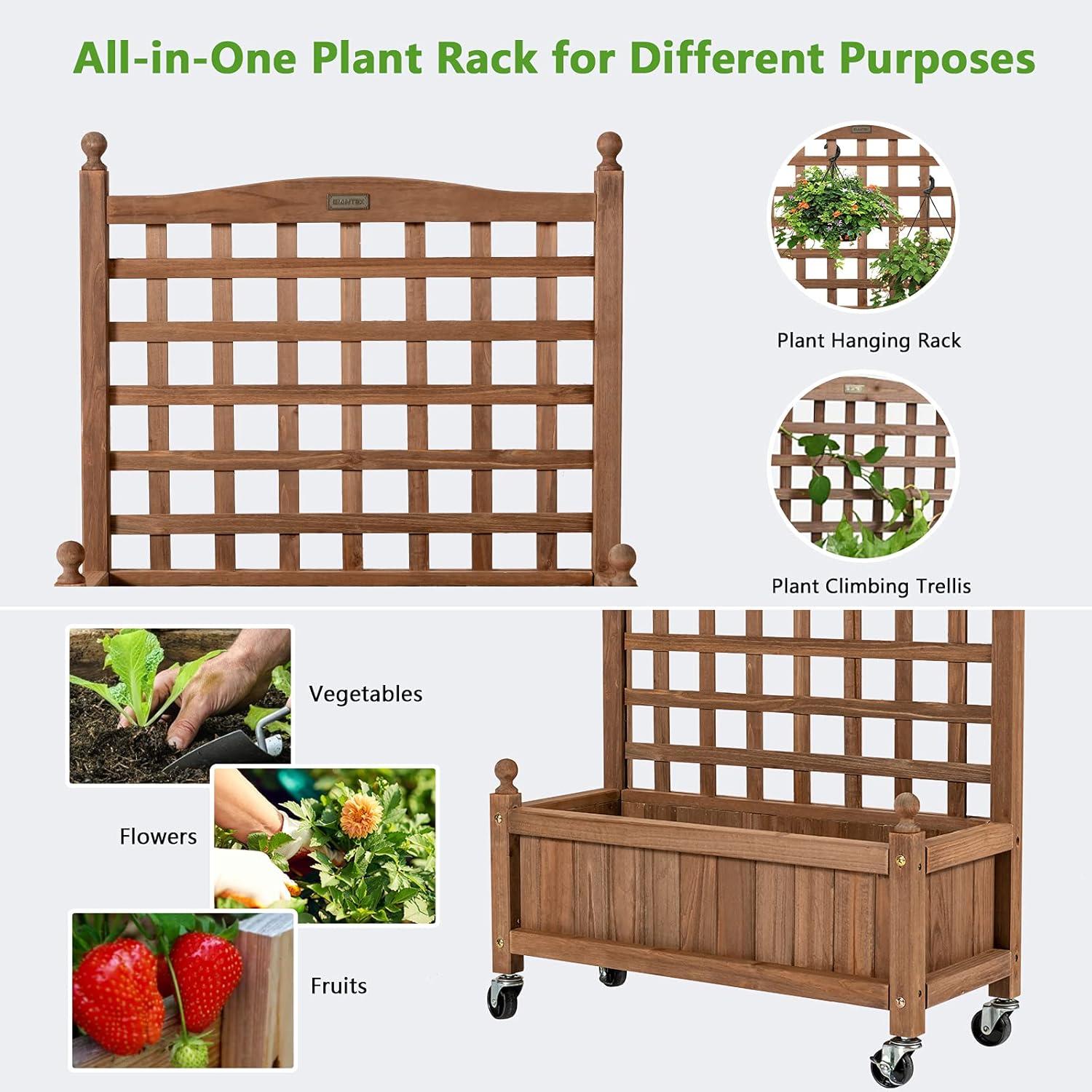 image:imageGiantex Mobile Plant Raised Bed Wood Planter with Lattice Trellis and Wheels Flower Box for Plant Climbing Vertical Garden for Balcony Patio Yard 25x11x 502