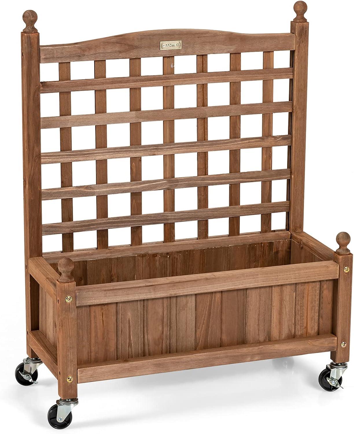 image:imageGiantex Mobile Plant Raised Bed Wood Planter with Lattice Trellis and Wheels Flower Box for Plant Climbing Vertical Garden for Balcony Patio Yard 25x11x 502