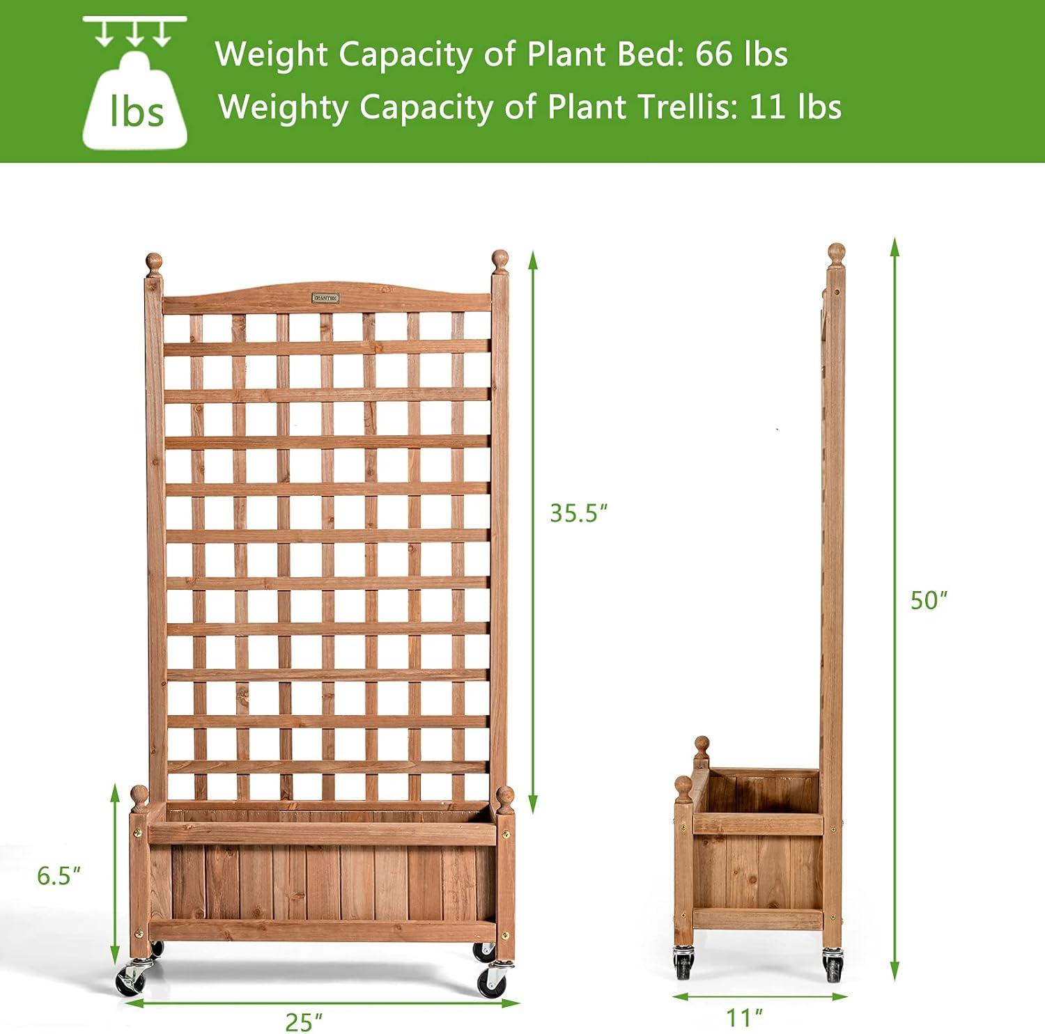image:imageGiantex Mobile Plant Raised Bed Wood Planter with Lattice Trellis and Wheels Flower Box for Plant Climbing Vertical Garden for Balcony Patio Yard 25x11x 501