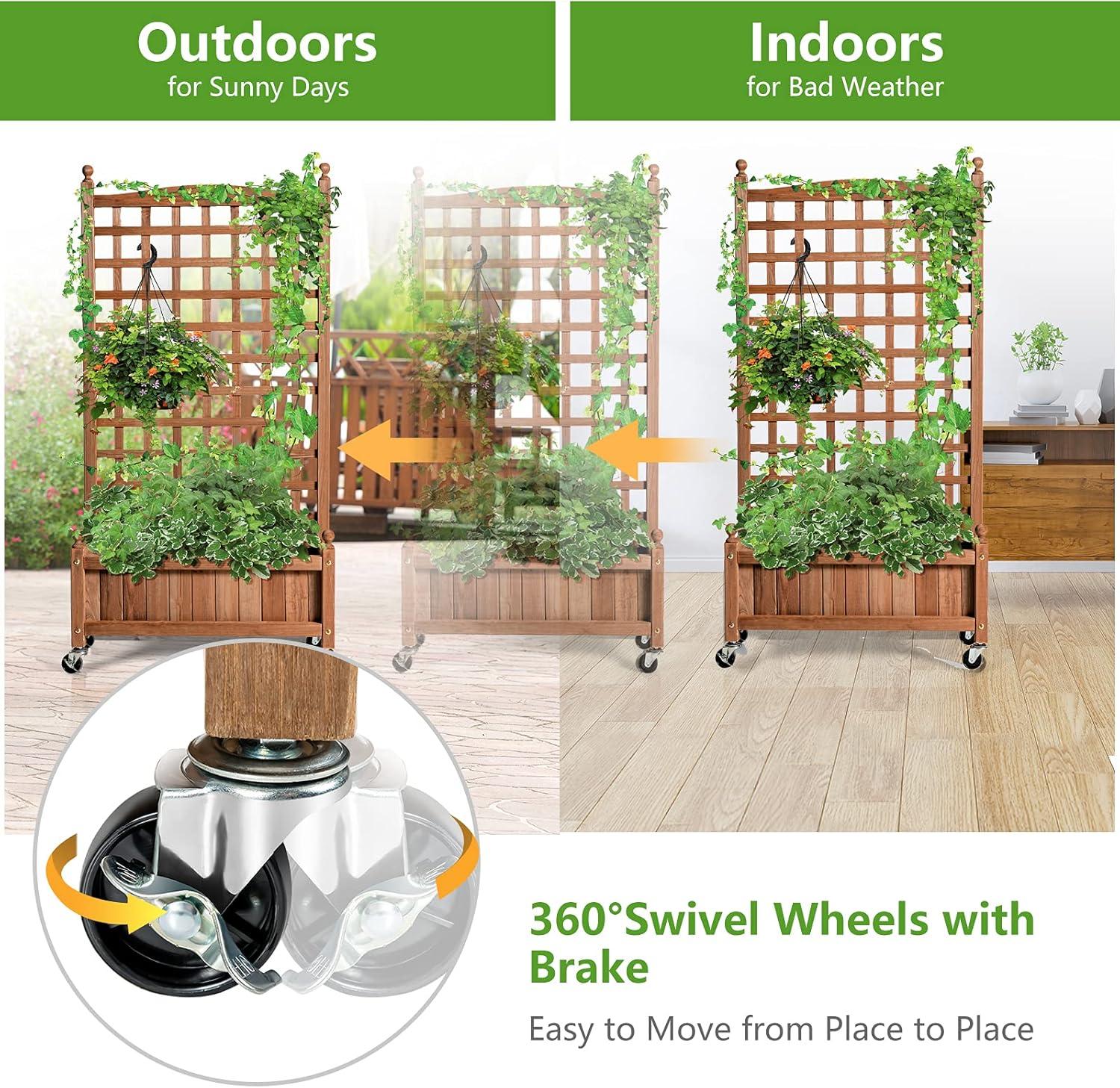 image:imageGiantex Mobile Plant Raised Bed Wood Planter with Lattice Trellis and Wheels Flower Box for Plant Climbing Vertical Garden for Balcony Patio Yard 25x11x 502