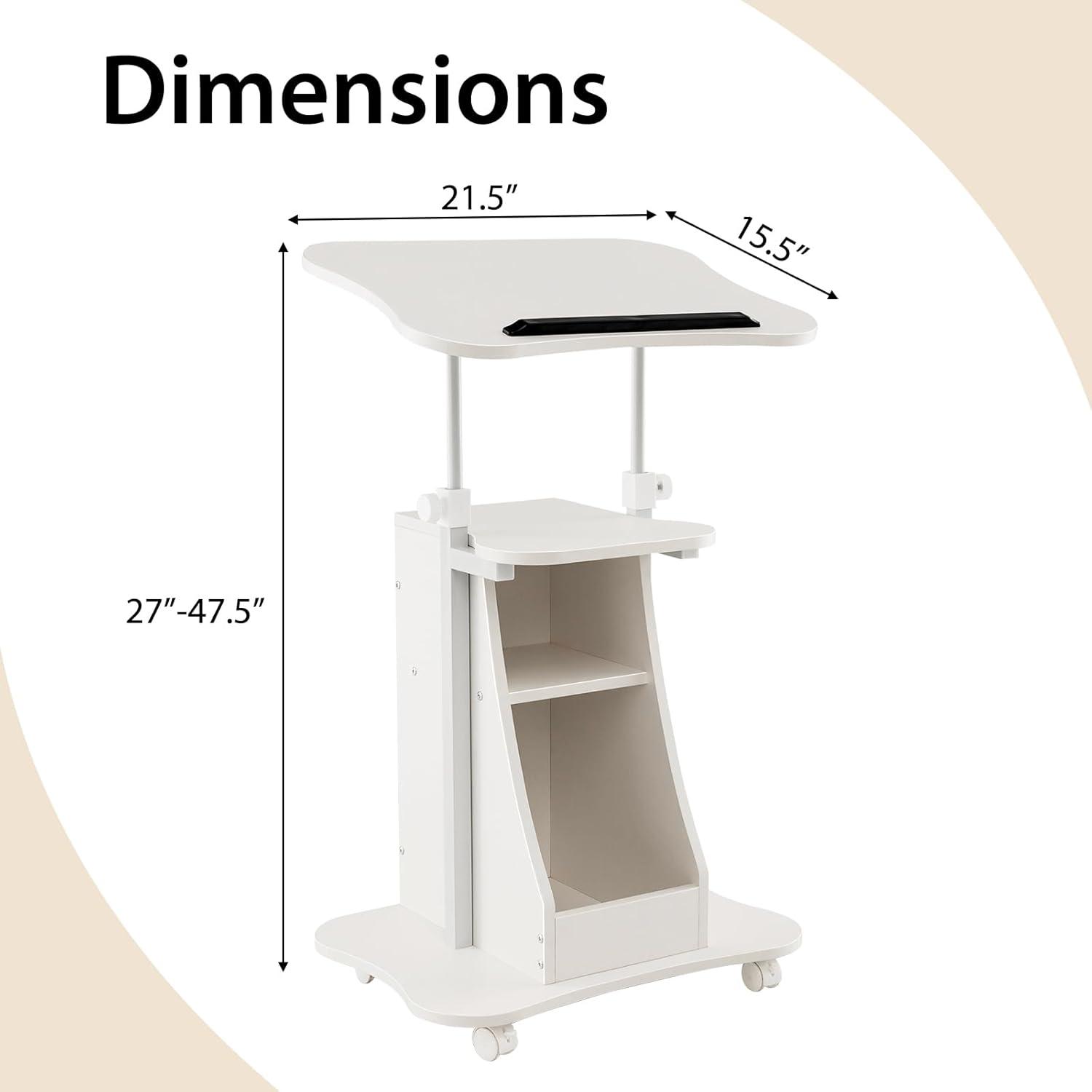 image:imageGiantex Mobile Podium Stand Height Adjustable Laptop Cart with Tilting Tabletop amp Storage Compartments Rolling Lectern with Lockable Casters for Classroom Church Home Office WhiteWhite
