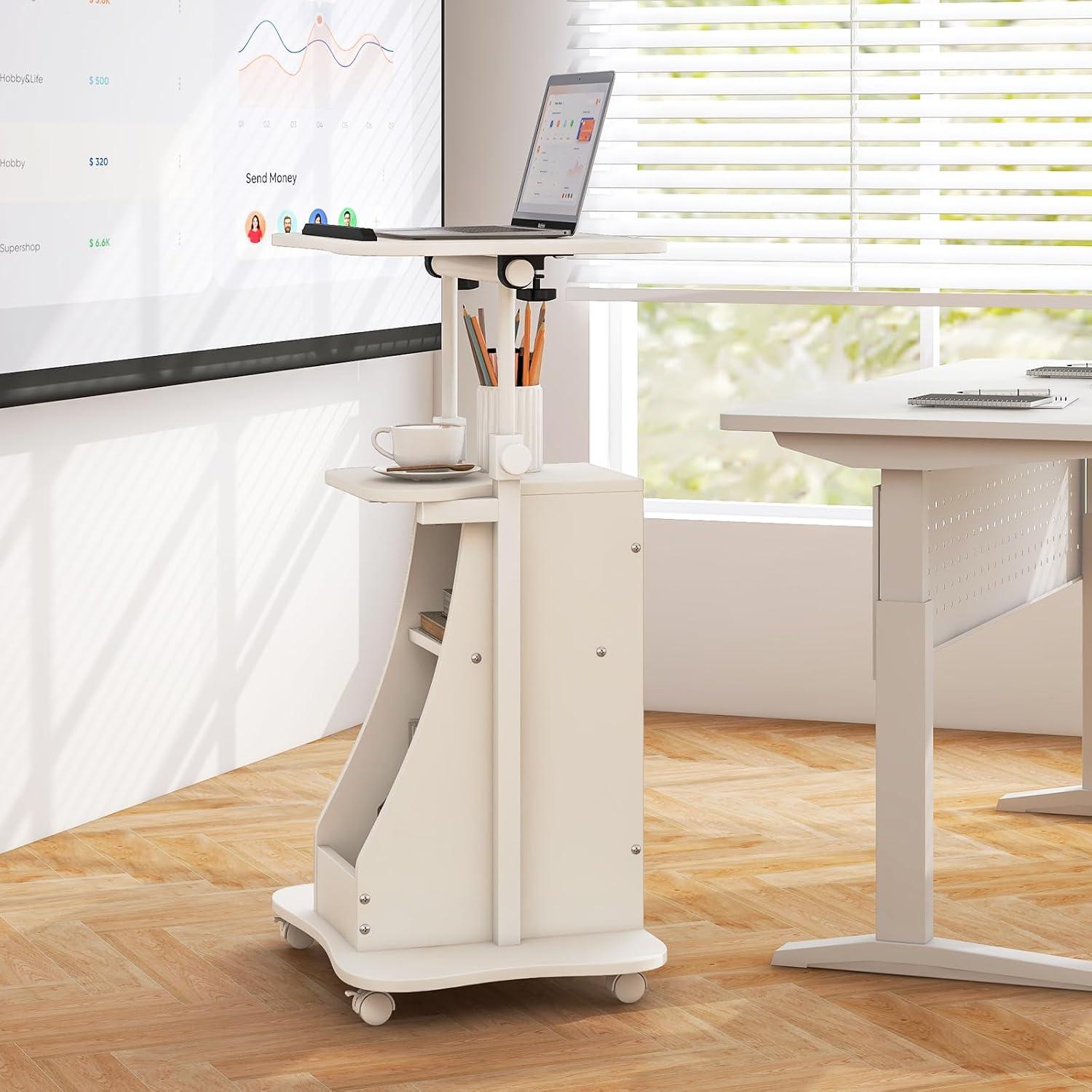image:imageGiantex Mobile Podium Stand Height Adjustable Laptop Cart with Tilting Tabletop amp Storage Compartments Rolling Lectern with Lockable Casters for Classroom Church Home Office WhiteWhite