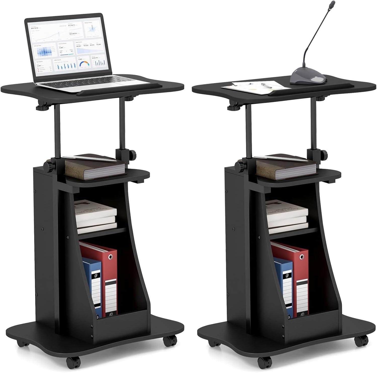 image:imageGiantex Mobile Podium Stand Height Adjustable Laptop Cart with Tilting Tabletop amp Storage Compartments Rolling Lectern with Lockable Casters for Classroom Church Home Office WhiteBlack