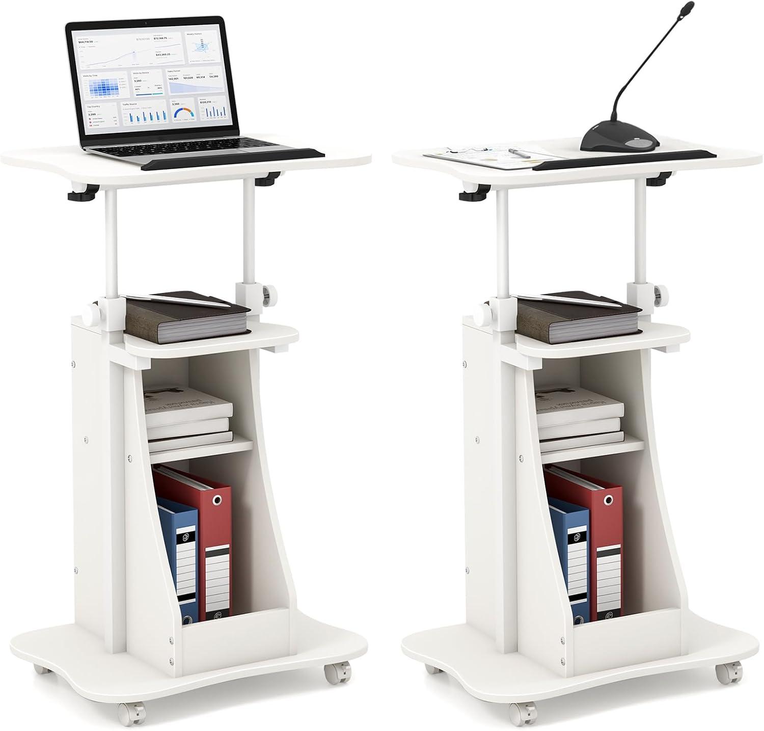 image:imageGiantex Mobile Podium Stand Height Adjustable Laptop Cart with Tilting Tabletop amp Storage Compartments Rolling Lectern with Lockable Casters for Classroom Church Home Office WhiteWhite