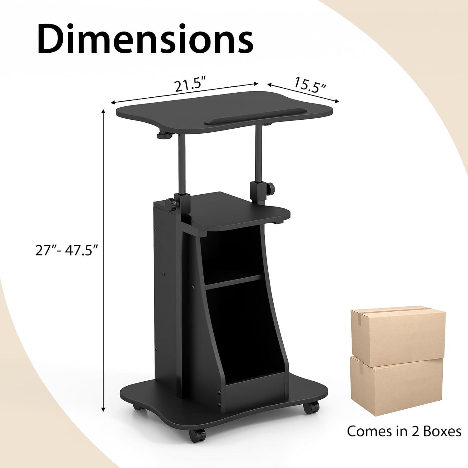 image:imageGiantex Mobile Podium Stand Height Adjustable Laptop Cart with Tilting Tabletop amp Storage Compartments Rolling Lectern with Lockable Casters for Classroom Church Home Office WhiteBlack