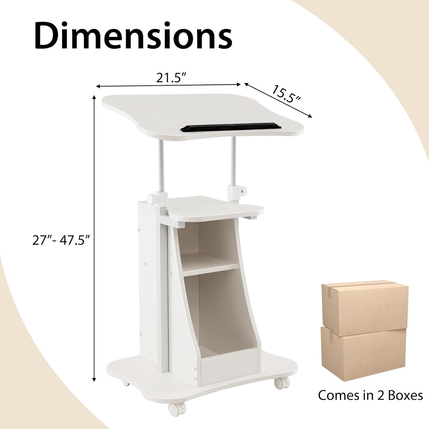 image:imageGiantex Mobile Podium Stand Height Adjustable Laptop Cart with Tilting Tabletop amp Storage Compartments Rolling Lectern with Lockable Casters for Classroom Church Home Office WhiteWhite