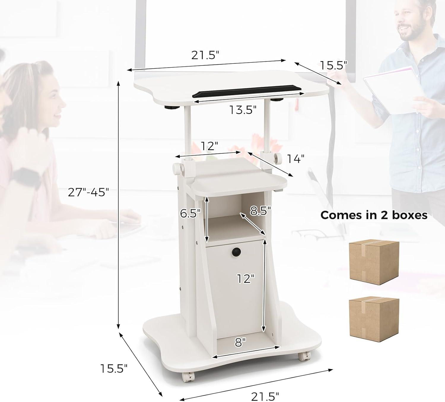 image:imageGiantex Mobile Podium Stand SittoStand Laptop Cart with Tilting Tabletop amp Storage Cabinet Lockable Casters HeightAdjustable Rolling Lectern for Classroom Church Home Office Black 2 PackWhite
