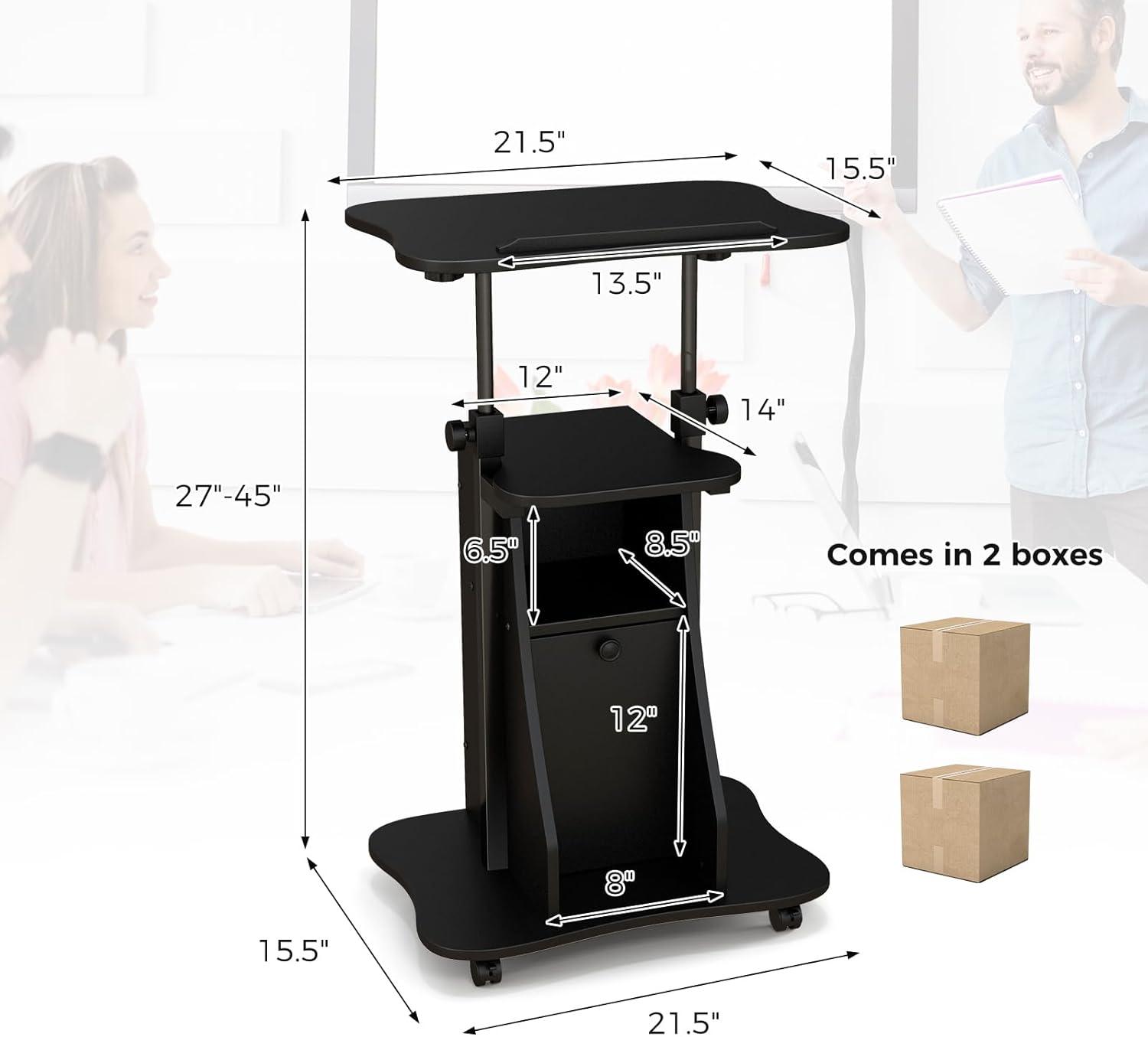 image:imageGiantex Mobile Podium Stand SittoStand Laptop Cart with Tilting Tabletop amp Storage Cabinet Lockable Casters HeightAdjustable Rolling Lectern for Classroom Church Home Office Black 2 PackBlack