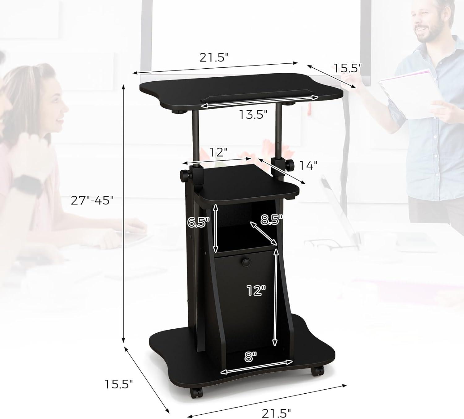 image:imageGiantex Mobile Podium Stand SittoStand Laptop Cart with Tilting Tabletop amp Storage Cabinet Lockable Casters HeightAdjustable Rolling Lectern for Classroom Church Home Office Black 2 PackBlack